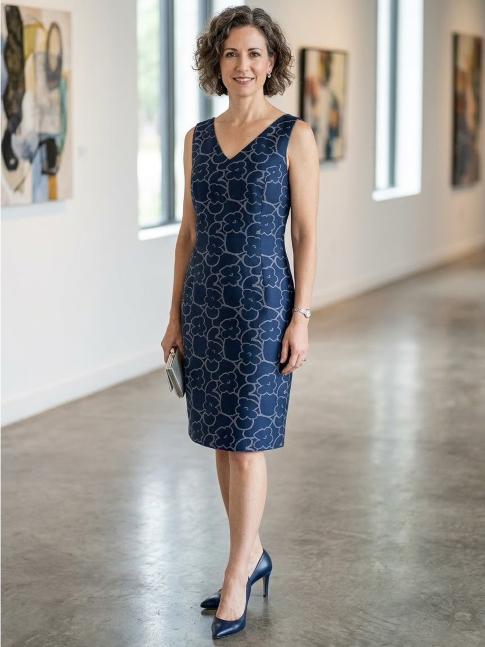 Doncaster Sleeveless Navy Floral Sheath Dress Size 10